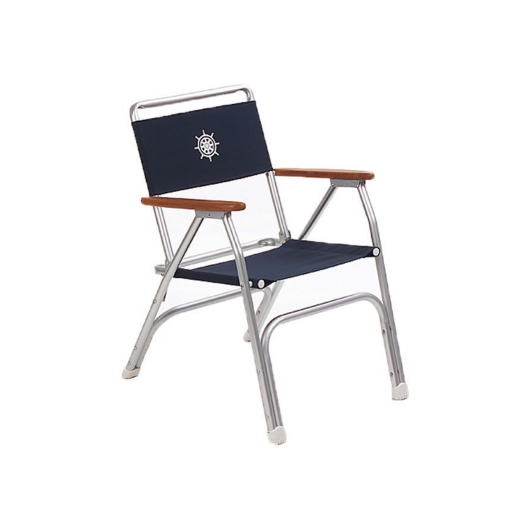 ALUMINUM DECK CHAIR, TEAK ARMRESTS, NAVY BLUE