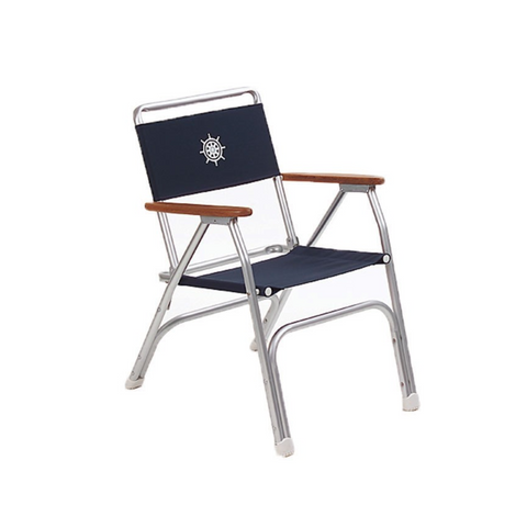 ALUMINUM DECK CHAIR, TEAK ARMRESTS, NAVY BLUE