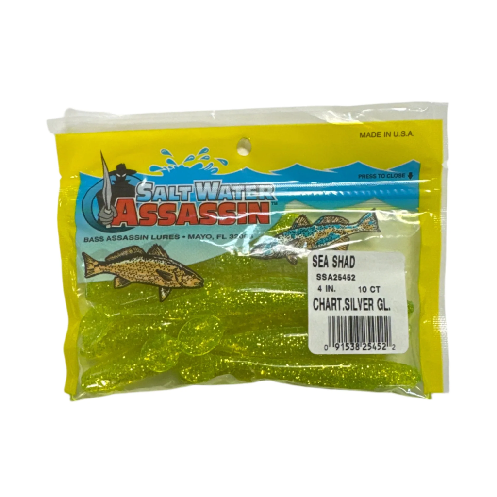 BASSASSASSIN 4" CURLY SHAD CHARTREUSE SILVER GLITTER SALTWATER .